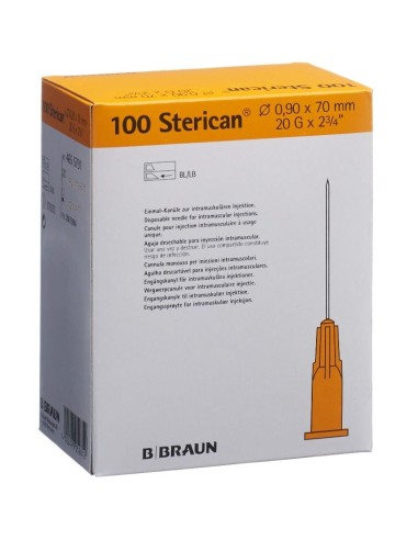 AGULHA 0.9mm X 70 mm, 20G X 2 3/4" CAIXA 100 pcs. BRAUN MEDICAL