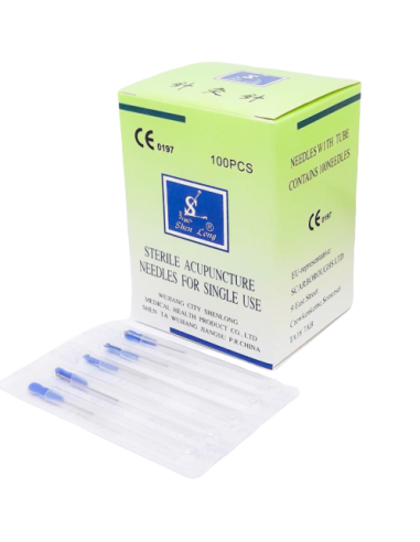 AGULHA ESTÉRIL DE PRATA COM CABO (ACUPUNCTURA) COM TUBO (GUIA) 0,30 mm x 40 mm. Caixa 100 
